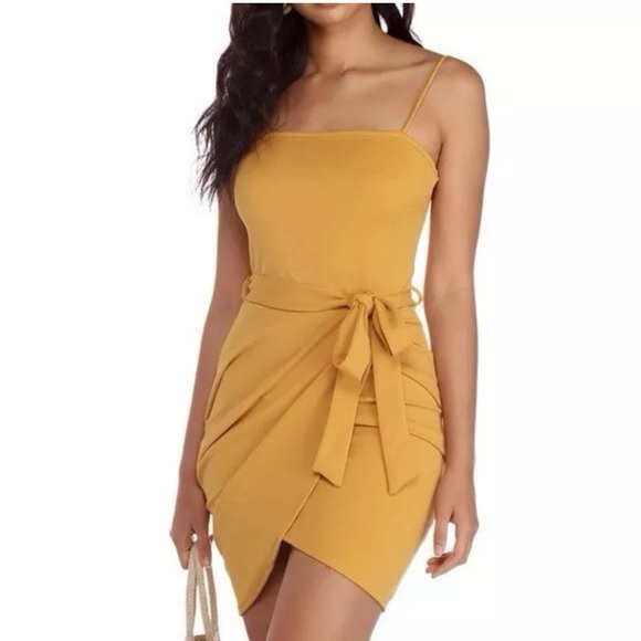 Windsor Asymmetrical Knot Wrap Evening Mini Dress Yellow Mustard Small - Picture 1 of 11